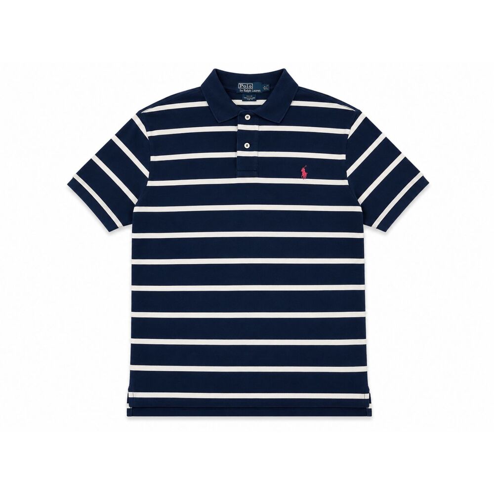 Polo Ralph Lauren Mens XL Custom Fit Striped Polo Shirt Navy White Pink Pony